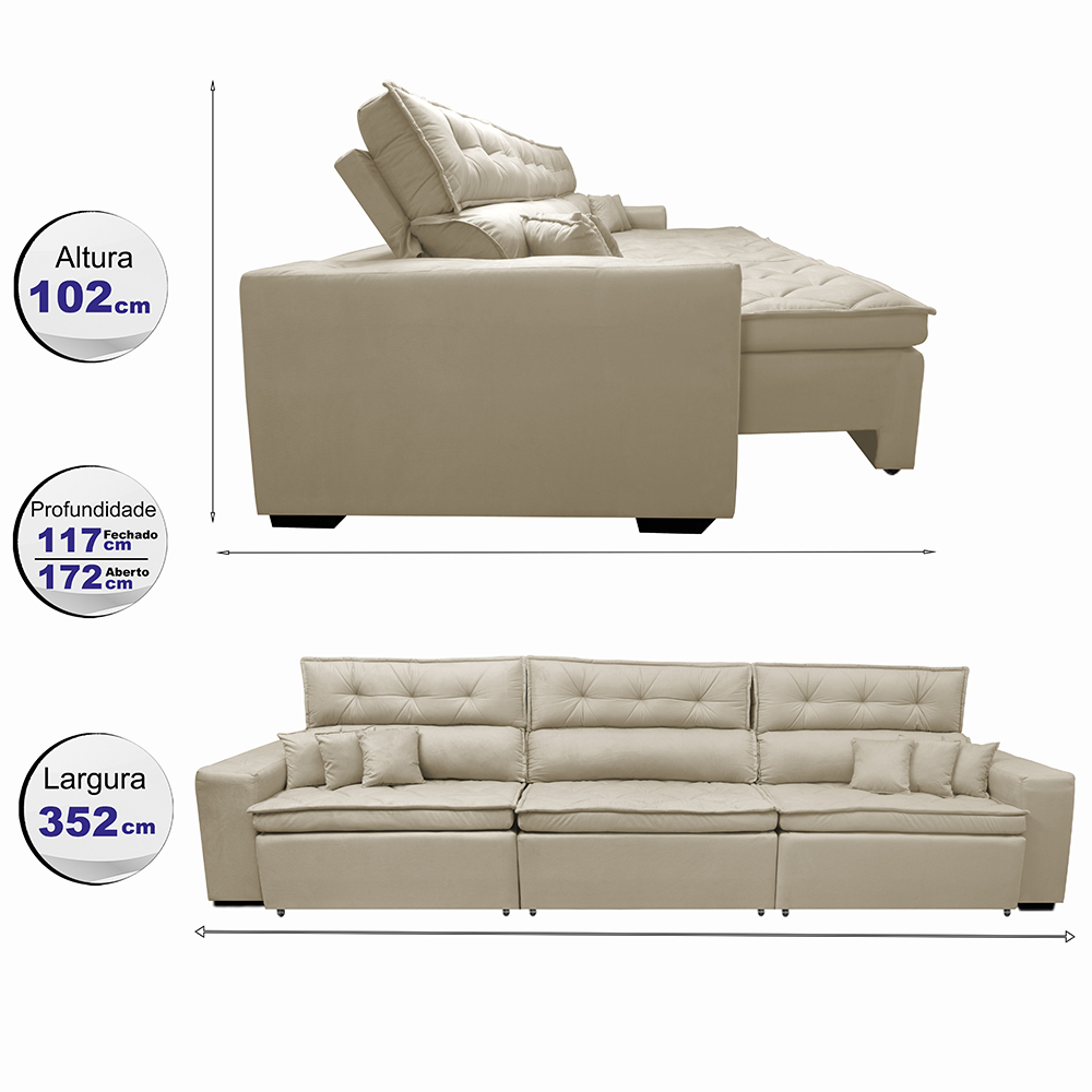 Sofá Retrátil e Reclinável 3,52m Austin com Molas no Assento Tecido Suede Velusoft Bege