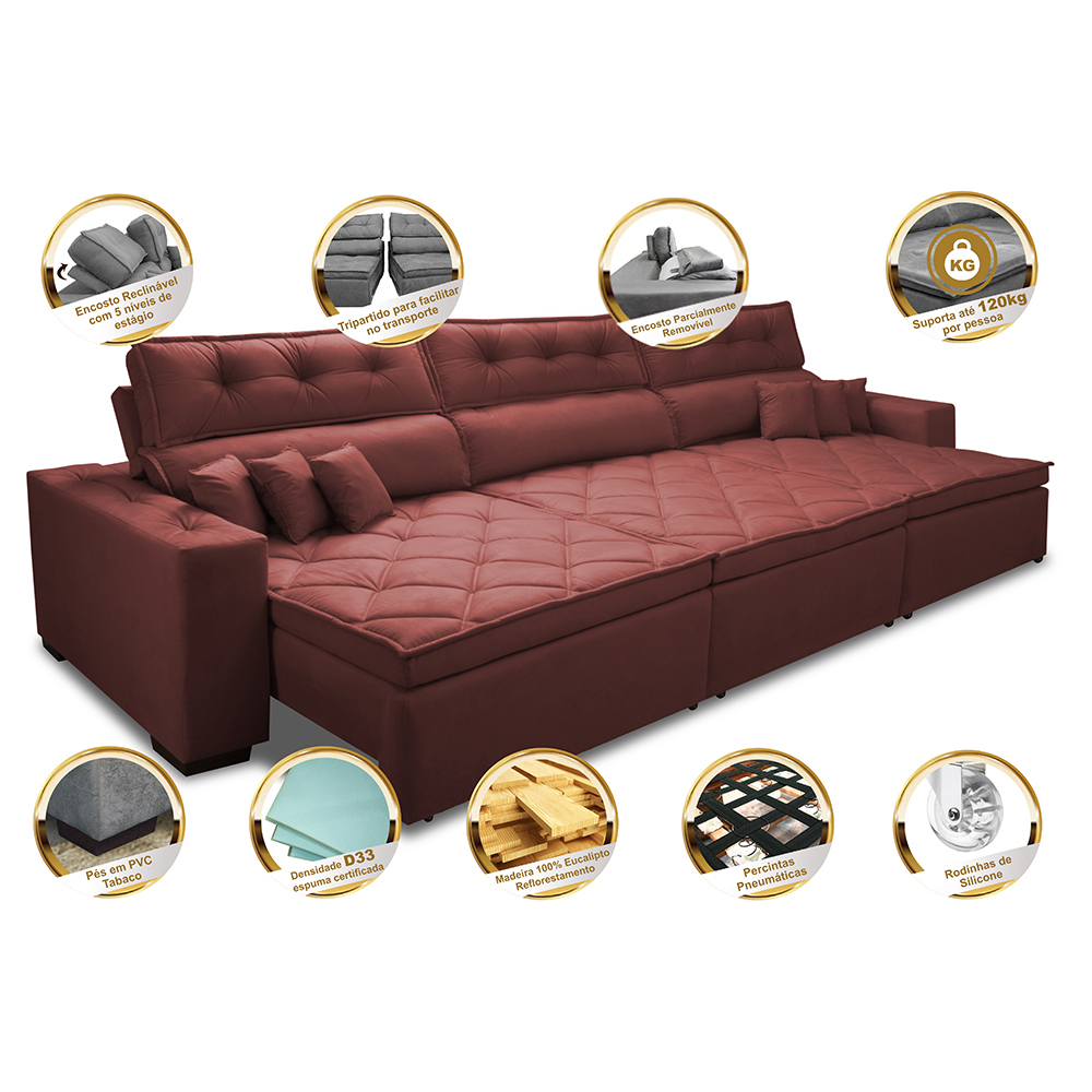 Sofá Retrátil e Reclinável 3,52m Austin com Molas no Assento Tecido Suede Velusoft Vermelho