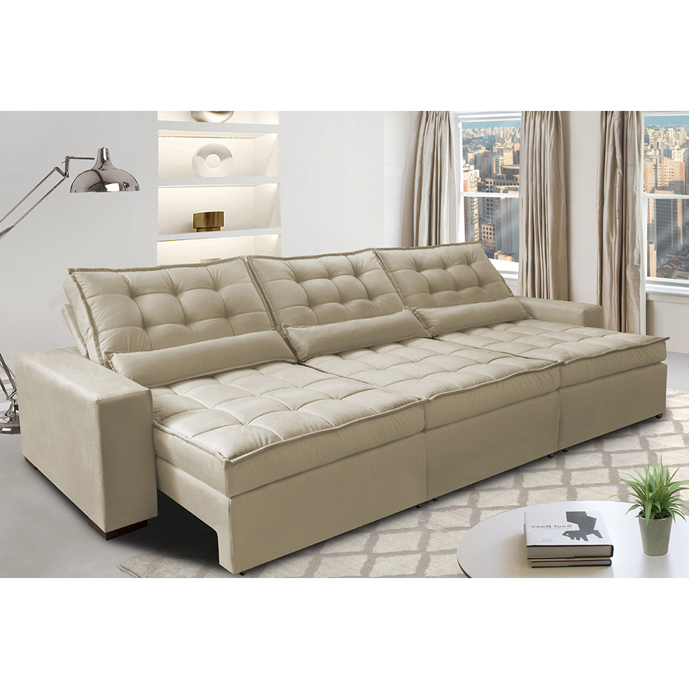 Sofá Retrátil e Reclinável 3,52m com Molas Ensacadas Cama Inbox Gold Tecido Suede Velusoft Bege