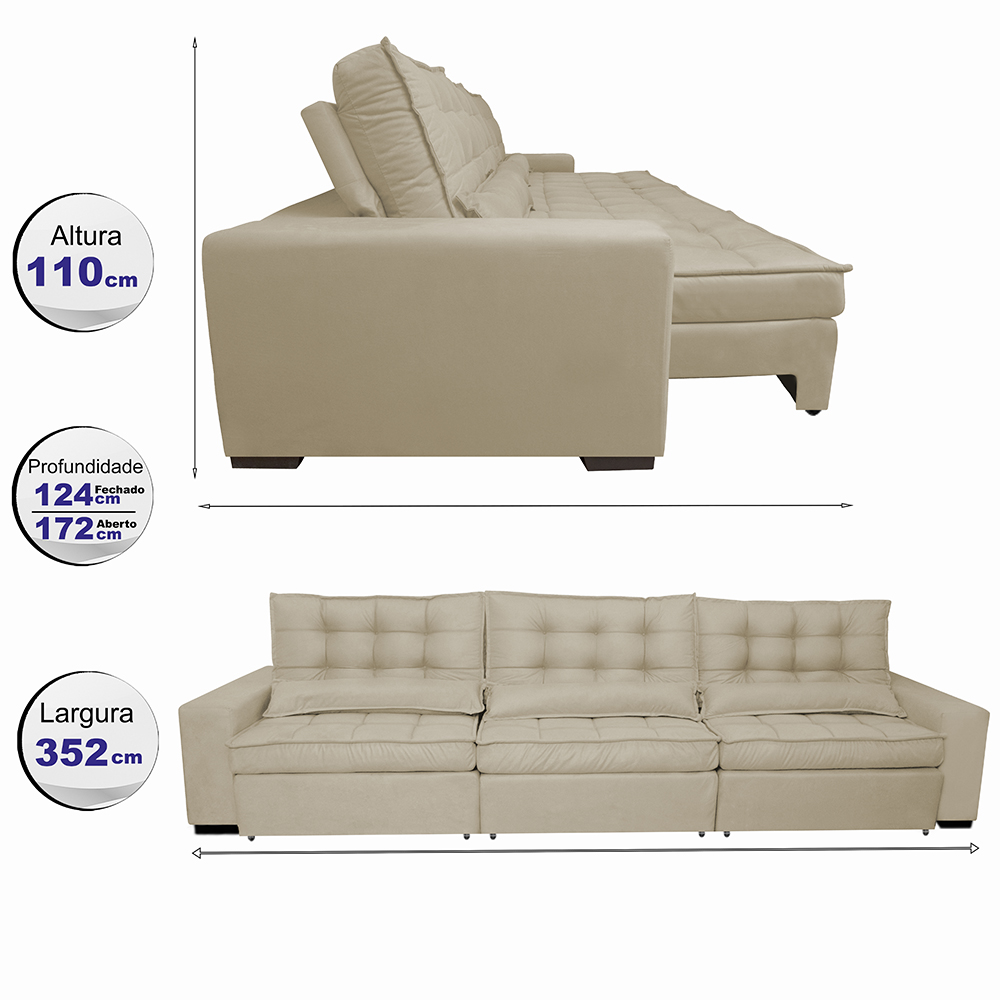 Sofá Retrátil e Reclinável 3,52m com Molas Ensacadas Cama Inbox Gold Tecido Suede Velusoft Bege