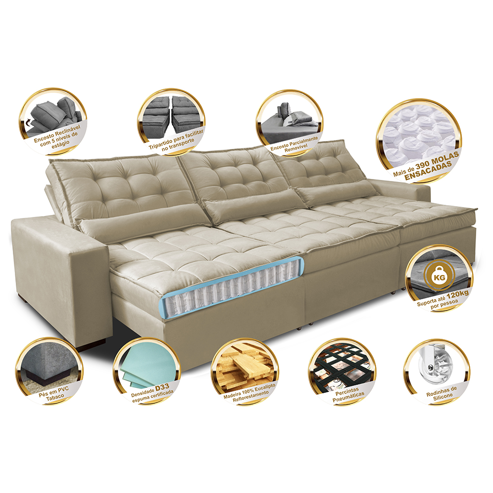 Sofá Retrátil e Reclinável 3,52m com Molas Ensacadas Cama Inbox Gold Tecido Suede Velusoft Bege