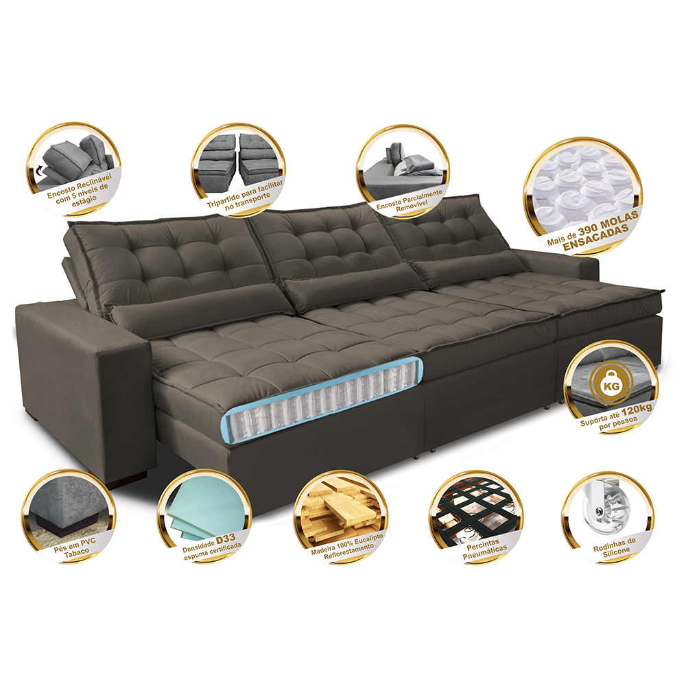 Sofá Retrátil e Reclinável 3,52m com Molas Ensacadas Cama Inbox Gold Tecido Suede Velusoft Café