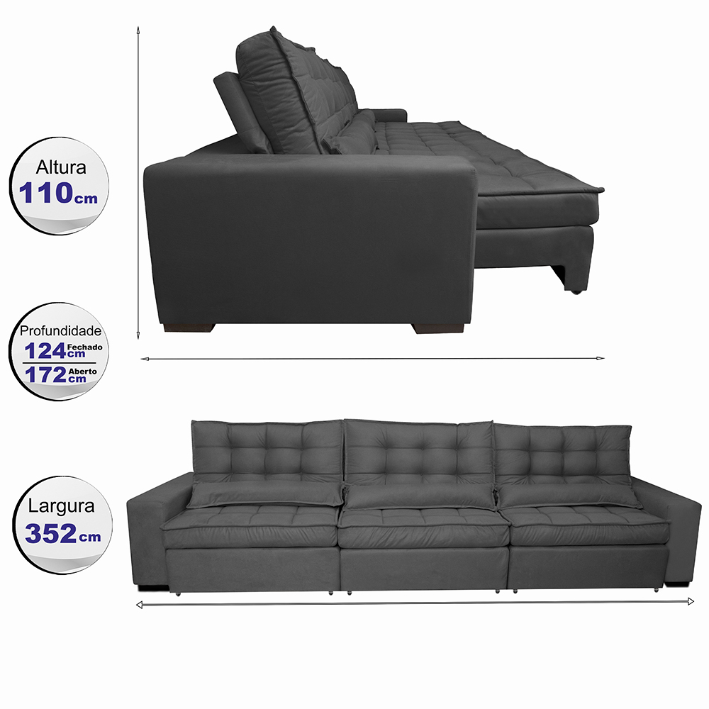 Sofá Retrátil e Reclinável 3,52m com Molas Ensacadas Cama Inbox Gold Tecido Suede Velusoft Preto