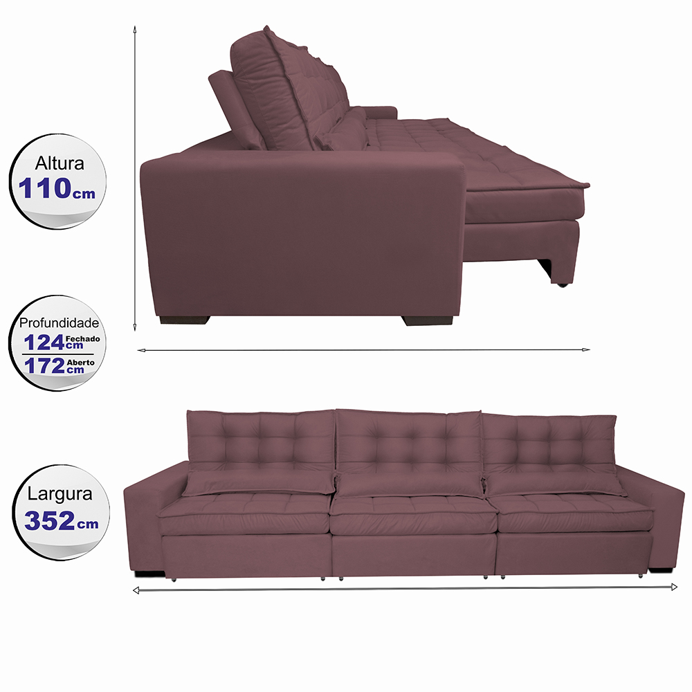 Sofá Retrátil e Reclinável 3,52m com Molas Ensacadas Cama Inbox Gold Tecido Suede Velusoft Vinho