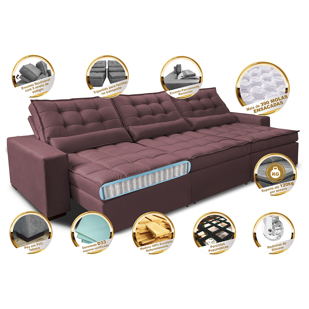Sofá Retrátil e Reclinável 3,52m com Molas Ensacadas Cama Inbox Gold Tecido Suede Velusoft Vinho