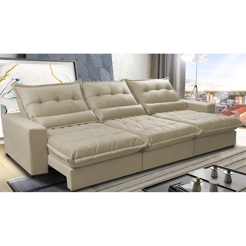 Sofá Retrátil e Reclinável 3,52m com Molas Ensacadas Cama Inbox Soft Tecido Suede Velusoft Bege
