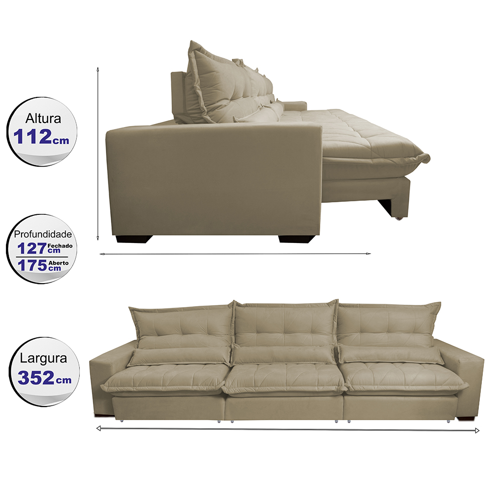 Sofá Retrátil e Reclinável 3,52m com Molas Ensacadas Cama Inbox Soft Tecido Suede Velusoft Bege