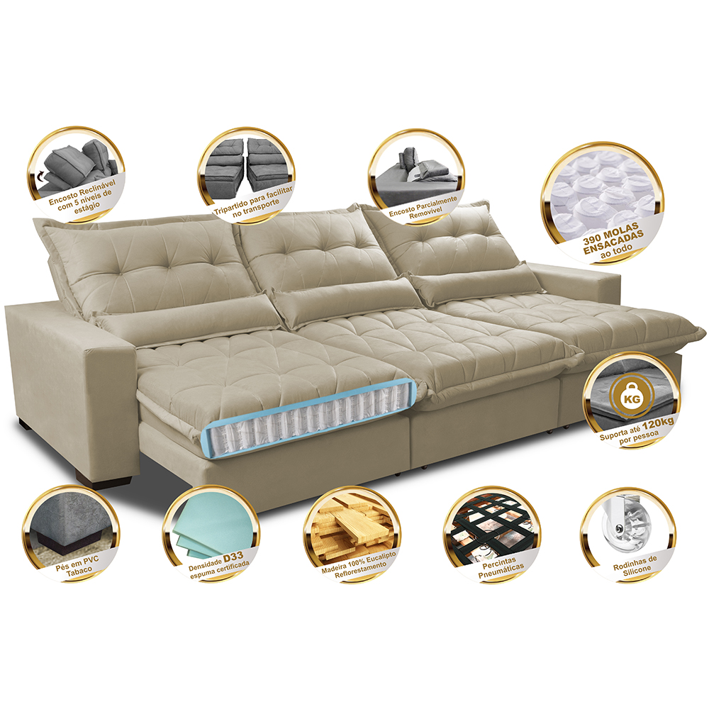 Sofá Retrátil e Reclinável 3,52m com Molas Ensacadas Cama Inbox Soft Tecido Suede Velusoft Bege