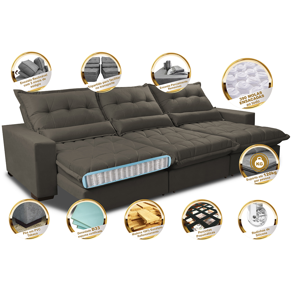 Sofá Retrátil e Reclinável 3,52m com Molas Ensacadas Cama Inbox Soft Tecido Suede Velusoft Café