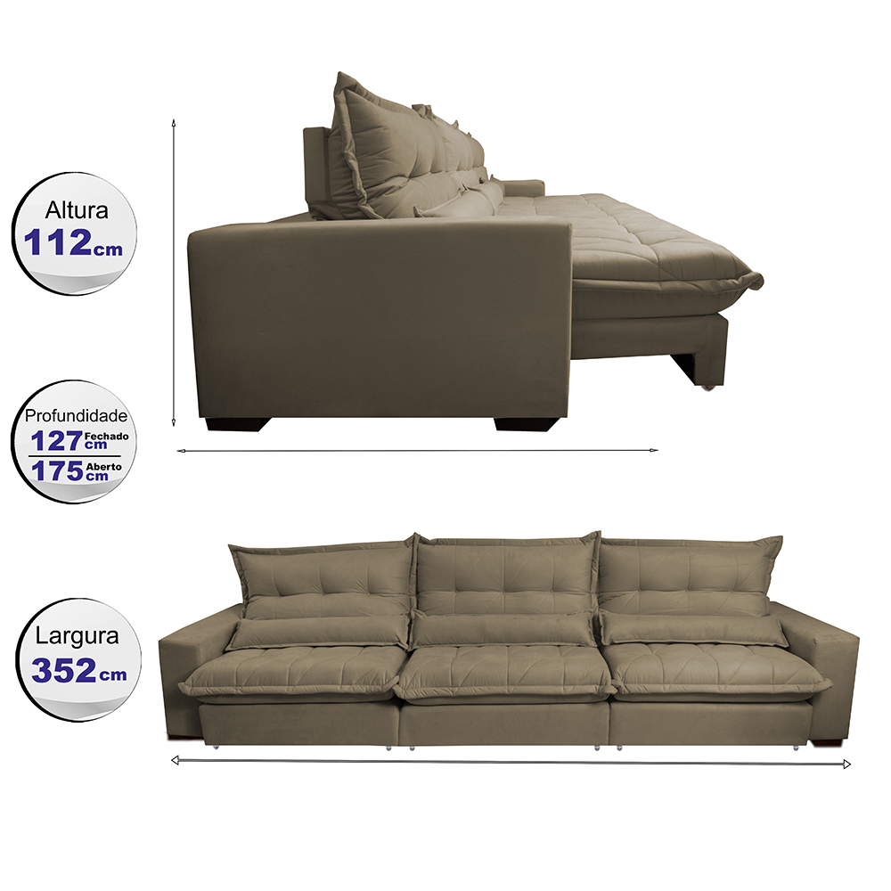 Sofá Retrátil e Reclinável 3,52m com Molas Ensacadas Cama Inbox Soft Tecido Suede Velusoft Castor