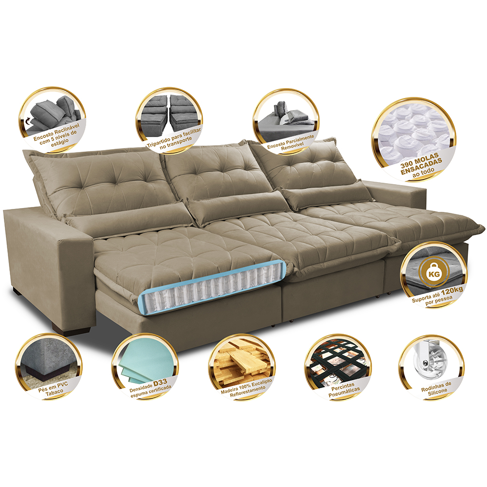 Sofá Retrátil e Reclinável 3,52m com Molas Ensacadas Cama Inbox Soft Tecido Suede Velusoft Castor