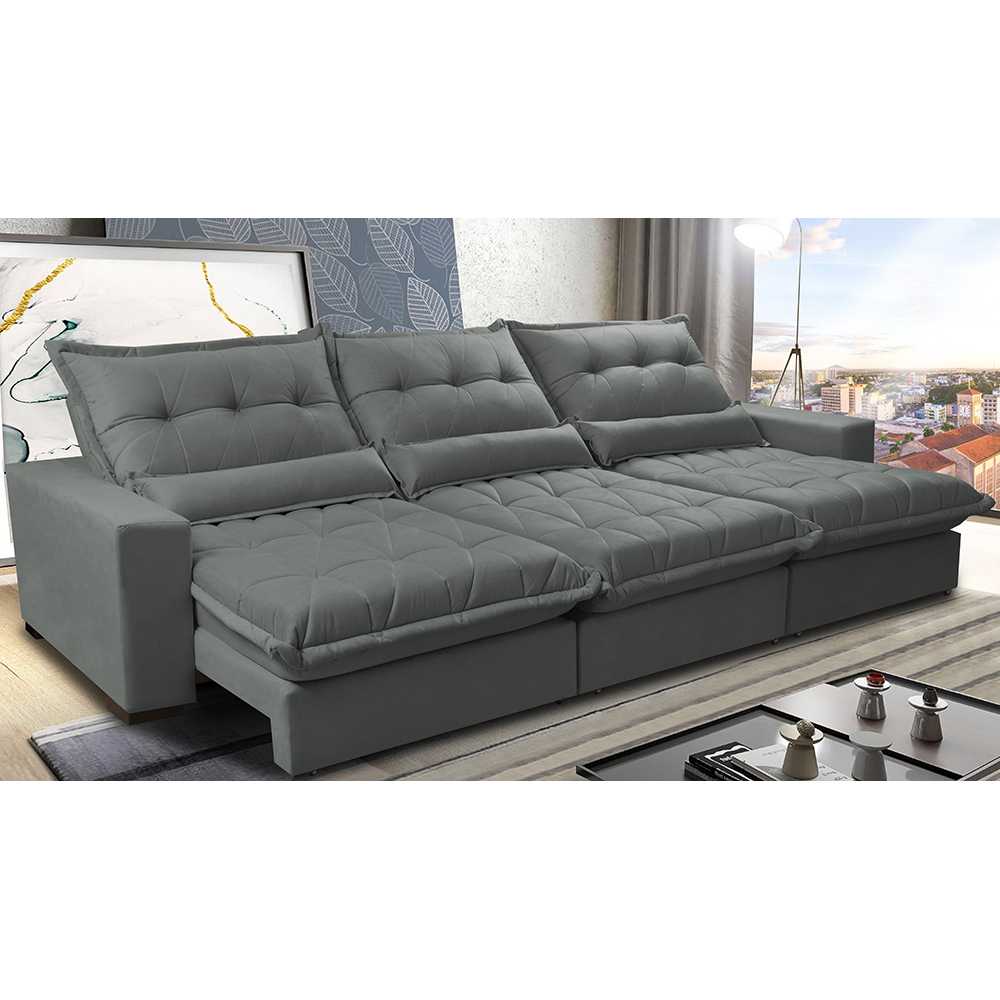 Sofá Retrátil e Reclinável 3,52m com Molas Ensacadas Cama Inbox Soft Tecido Suede Velusoft Cinza
