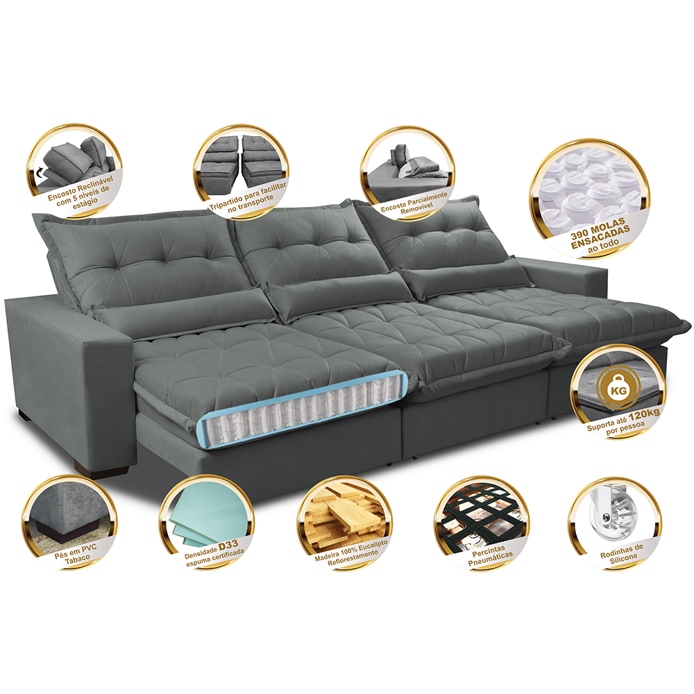 Sofá Retrátil e Reclinável 3,52m com Molas Ensacadas Cama Inbox Soft Tecido Suede Velusoft Cinza