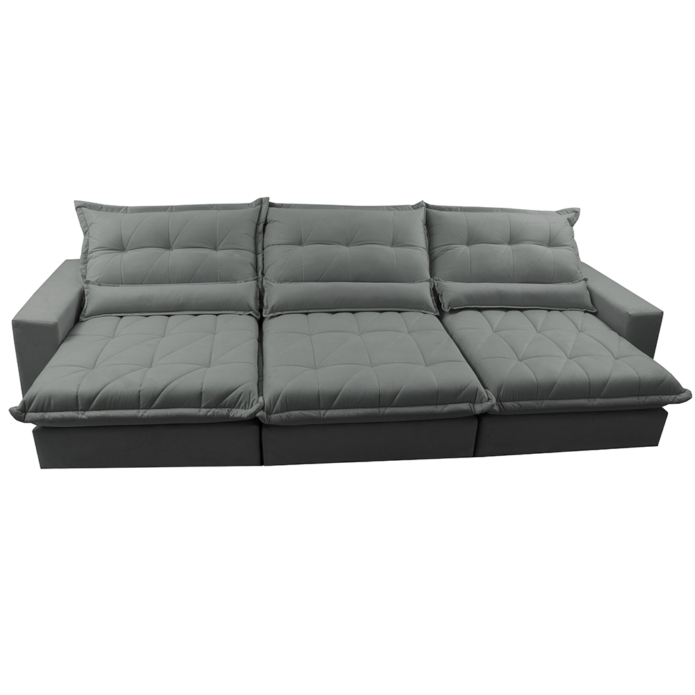 Sofá Retrátil e Reclinável 3,52m com Molas Ensacadas Cama Inbox Soft Tecido Suede Velusoft Cinza
