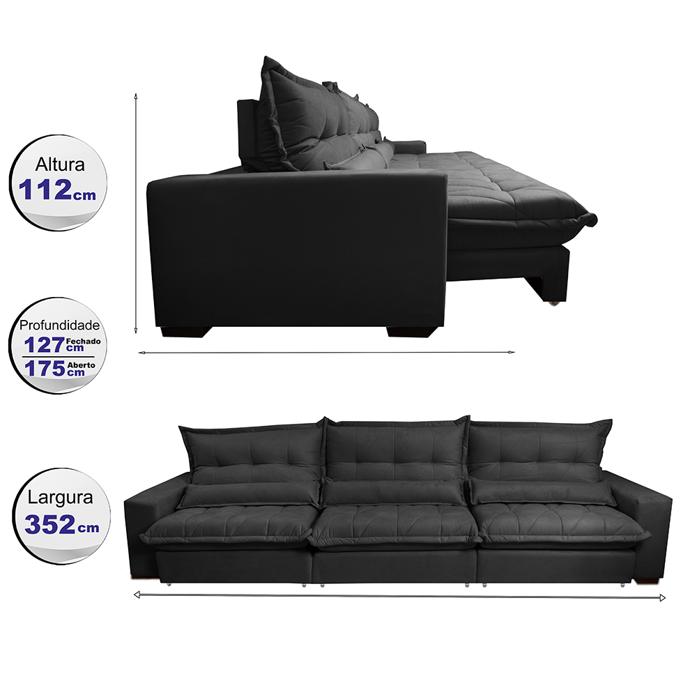 Sofá Retrátil e Reclinável 3,52m com Molas Ensacadas Cama Inbox Soft Tecido Suede Velusoft Preto