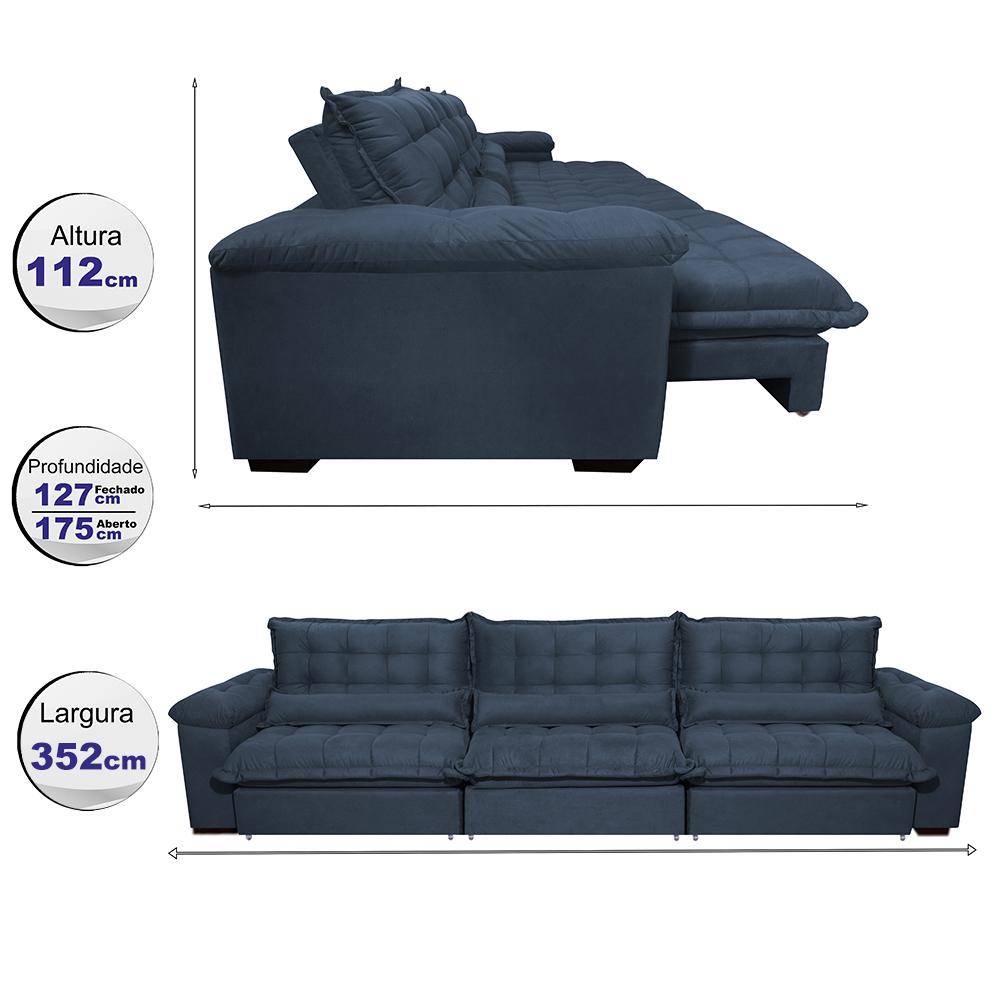 Sofá Retrátil e Reclinável 3,52m com Molas Ensacadas Cama inBox Aconchego Tecido Velusoft Azul