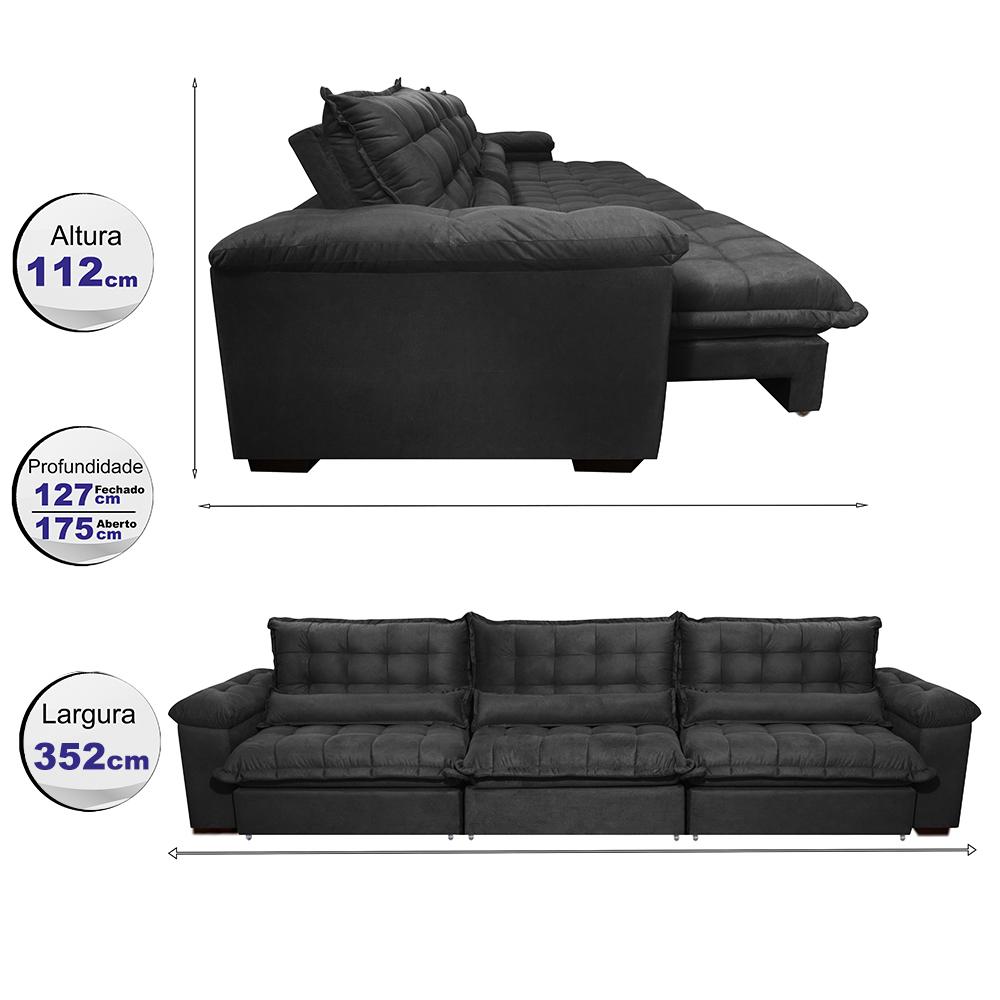 Sofá Retrátil e Reclinável 3,52m com Molas Ensacadas Cama inBox Aconchego Tecido Velusoft Preto