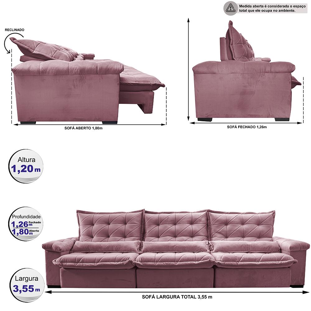 Sofá Retrátil e Reclinável 3,55m Cama inBox Big Fresh com SoftGel D40 Velupluma Rose