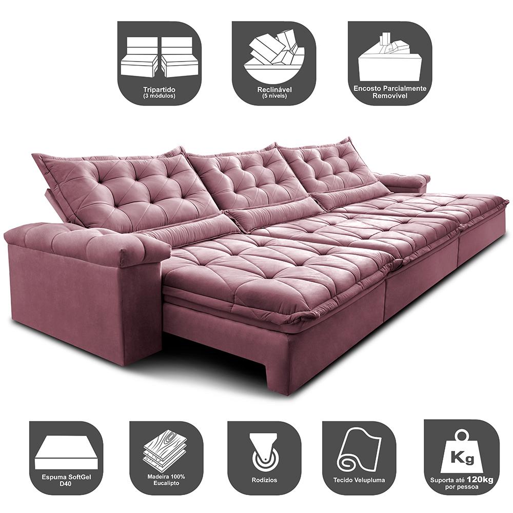 Sofá Retrátil e Reclinável 3,55m Cama inBox Big Fresh com SoftGel D40 Velupluma Rose