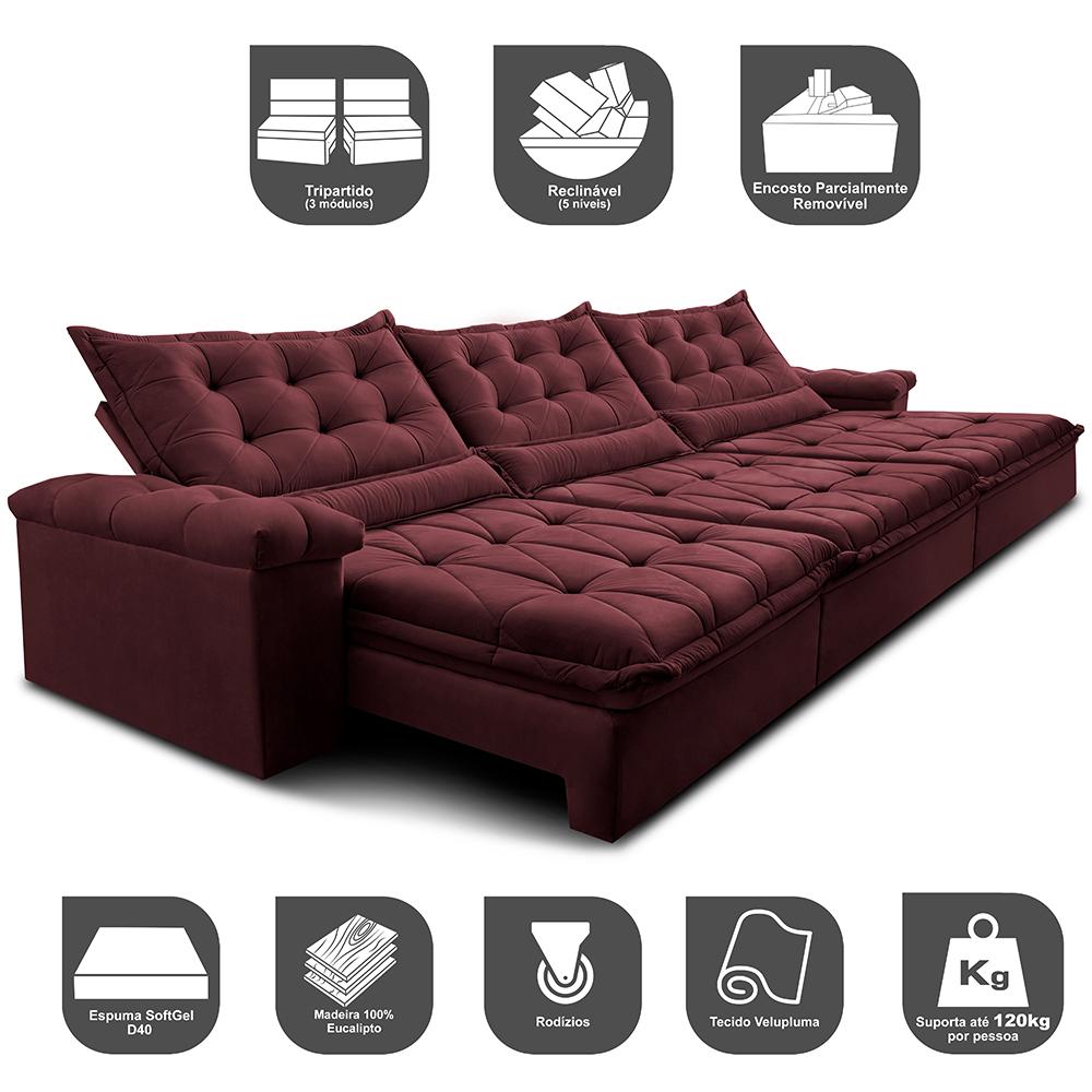 Sofá Retrátil e Reclinável 3,55m Cama inBox Big Fresh com SoftGel D40 Velupluma Vinho