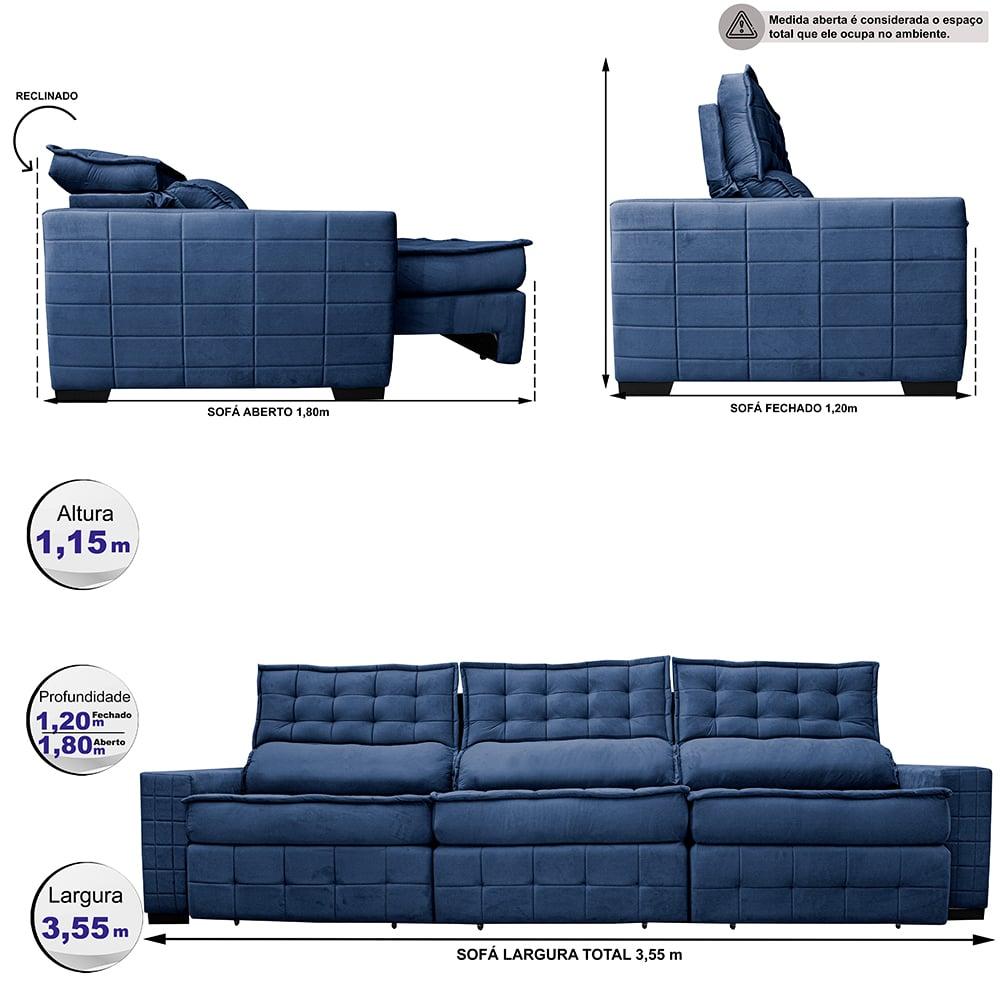 Sofá Retrátil e Reclinável 3,55m Cama inBox Big Puffer com SoftGel D40 Velupluma Azul