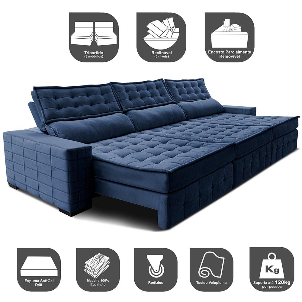 Sofá Retrátil e Reclinável 3,55m Cama inBox Big Puffer com SoftGel D40 Velupluma Azul