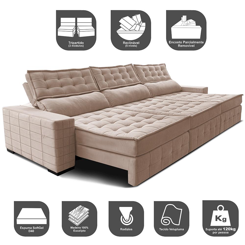 Sofá Retrátil e Reclinável 3,55m Cama inBox Big Puffer com SoftGel D40 Velupluma Bege