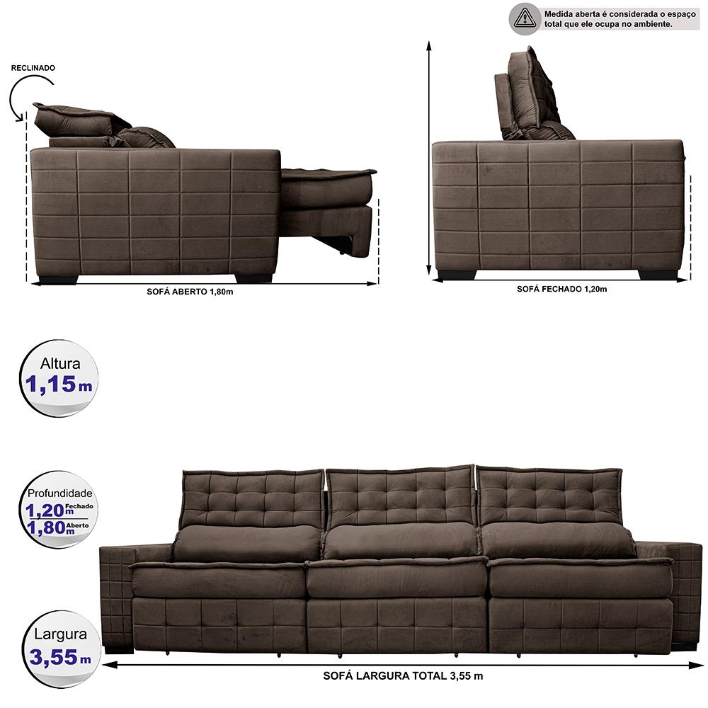 Sofá Retrátil e Reclinável 3,55m Cama inBox Big Puffer com SoftGel D40 Velupluma Café
