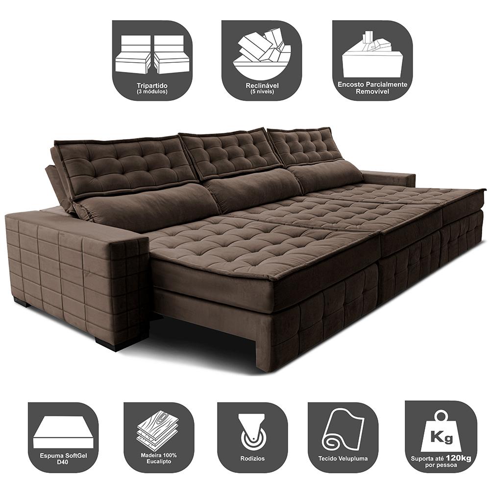 Sofá Retrátil e Reclinável 3,55m Cama inBox Big Puffer com SoftGel D40 Velupluma Café