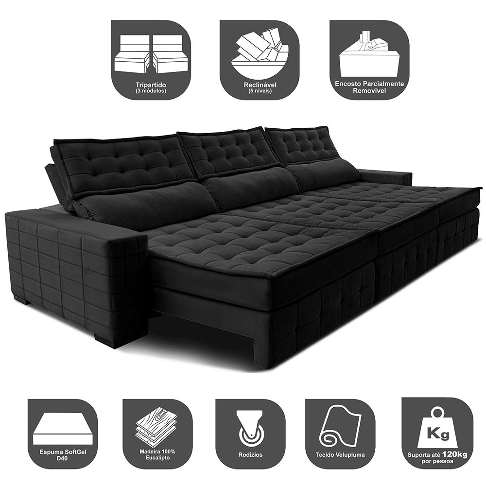 Sofá Retrátil e Reclinável 3,55m Cama inBox Big Puffer com SoftGel D40 Velupluma Preto
