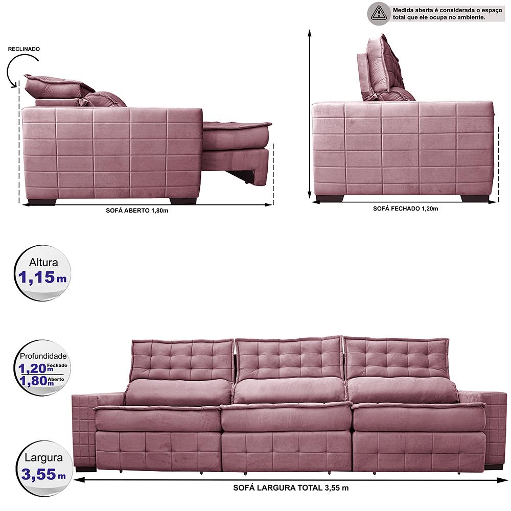 Sofá Retrátil e Reclinável 3,55m Cama inBox Big Puffer com SoftGel D40 Velupluma Rose