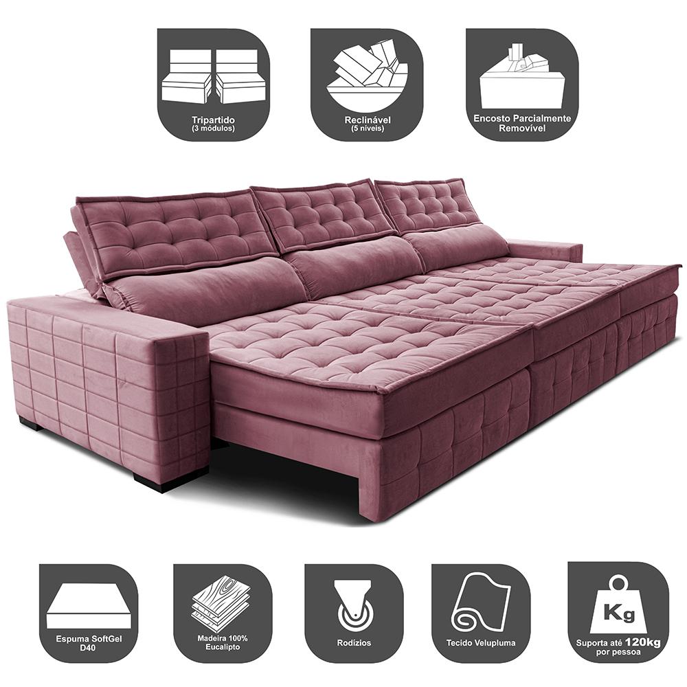 Sofá Retrátil e Reclinável 3,55m Cama inBox Big Puffer com SoftGel D40 Velupluma Rose