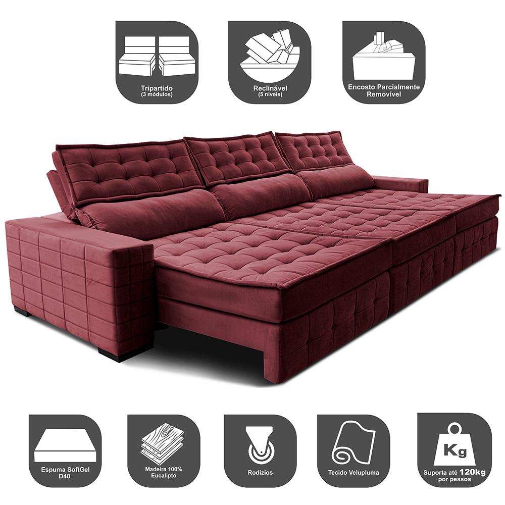 Sofá Retrátil e Reclinável 3,55m Cama inBox Big Puffer com SoftGel D40 Velupluma Vinho