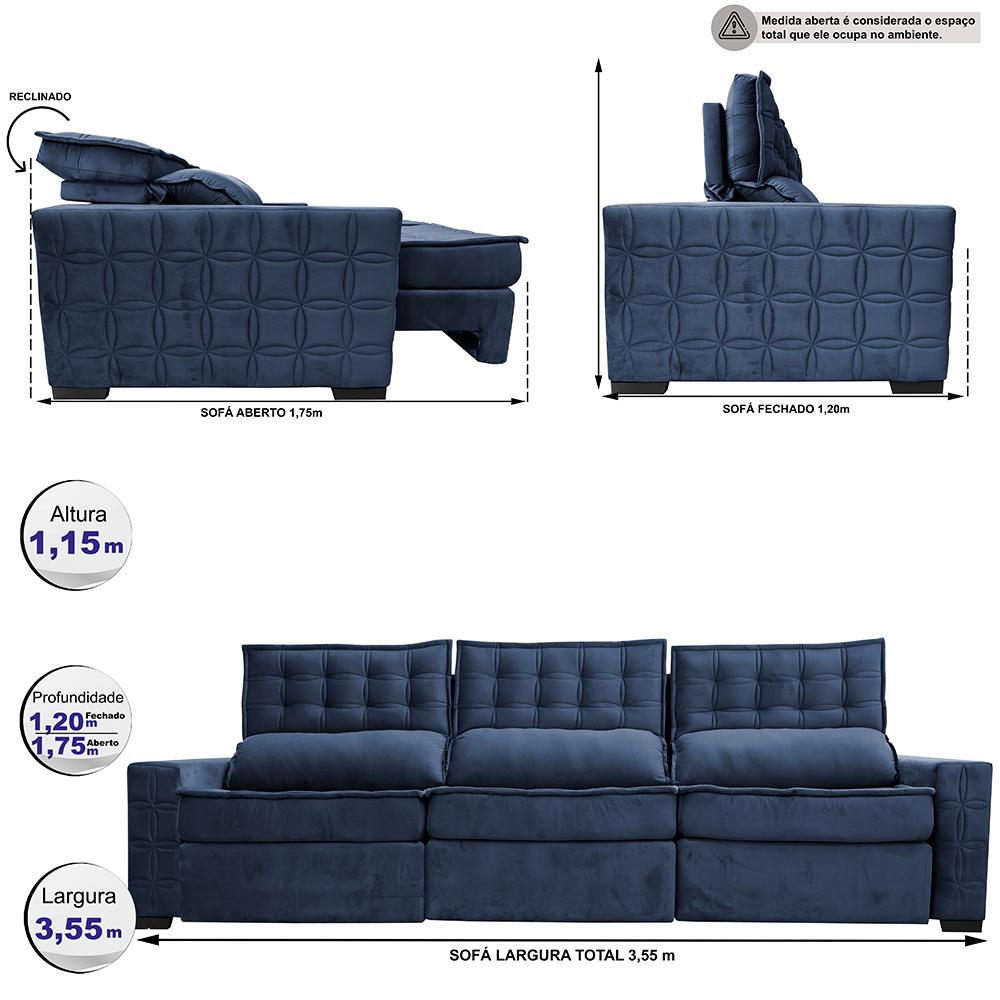 Sofá Retrátil e Reclinável 3,55m Cama inBox Big Star com SoftGel D40 Velupluma Azul