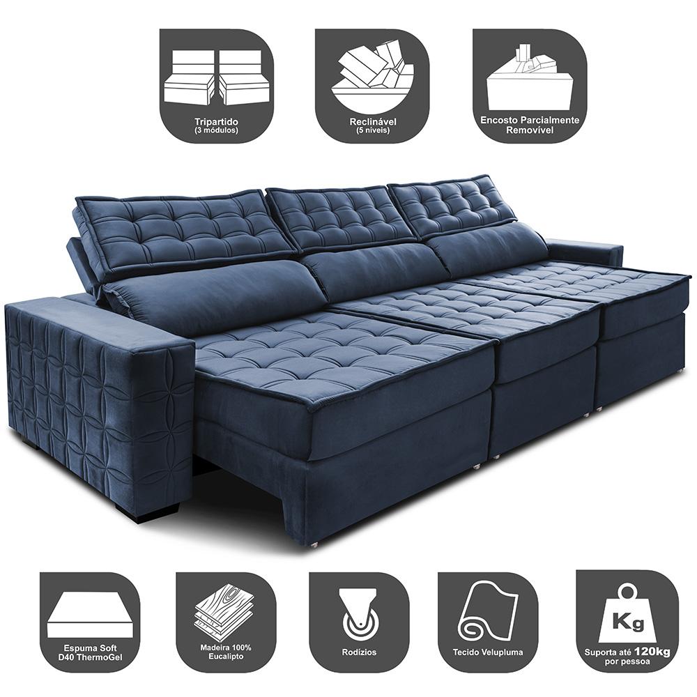 Sofá Retrátil e Reclinável 3,55m Cama inBox Big Star com SoftGel D40 Velupluma Azul