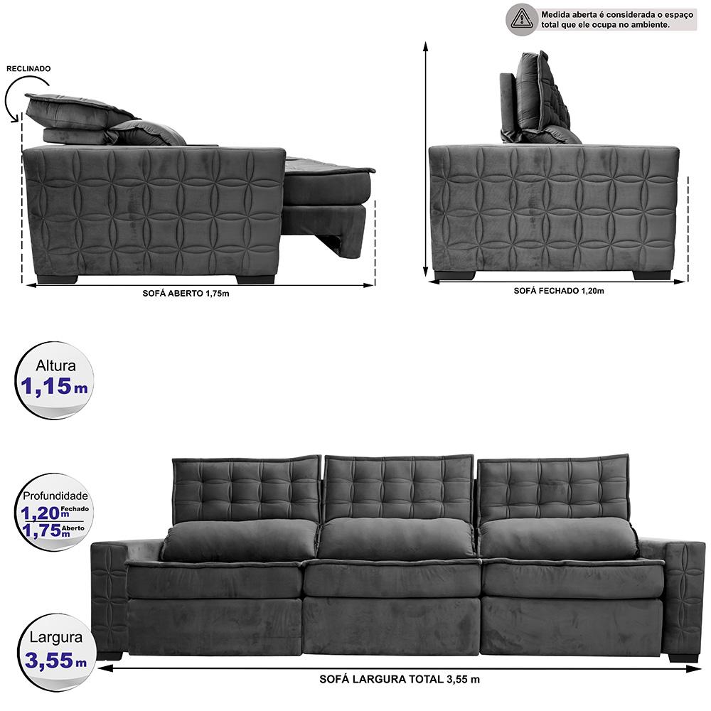 Sofá Retrátil e Reclinável 3,55m Cama inBox Big Star com SoftGel D40 Velupluma Cinza
