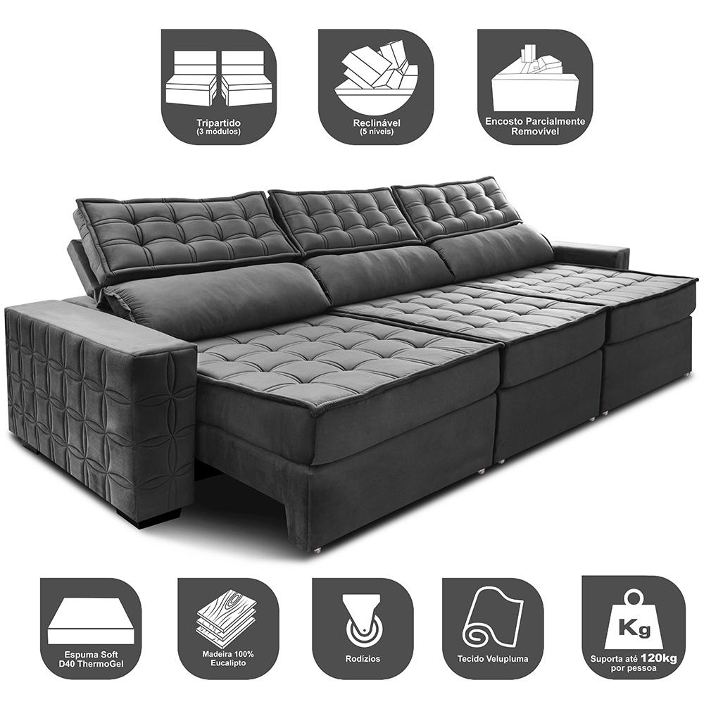 Sofá Retrátil e Reclinável 3,55m Cama inBox Big Star com SoftGel D40 Velupluma Cinza