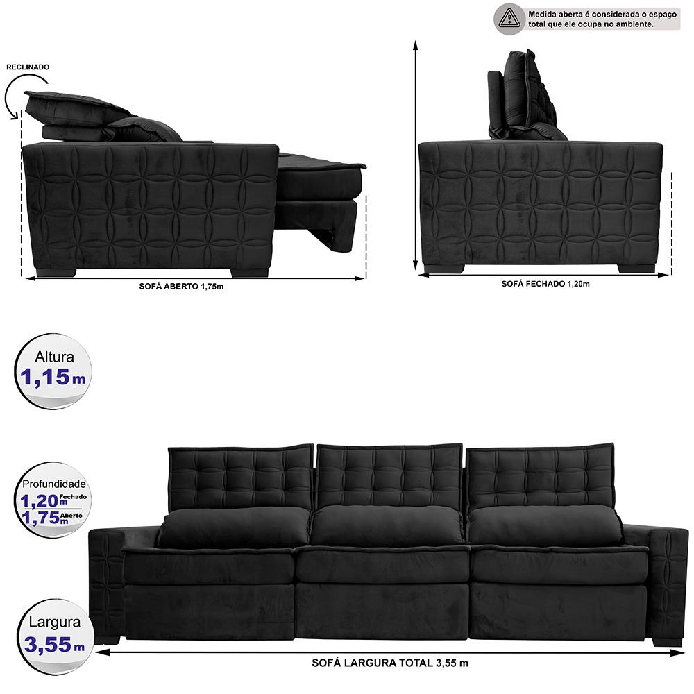 Sofá Retrátil e Reclinável 3,55m Cama inBox Big Star com SoftGel D40 Velupluma Preto