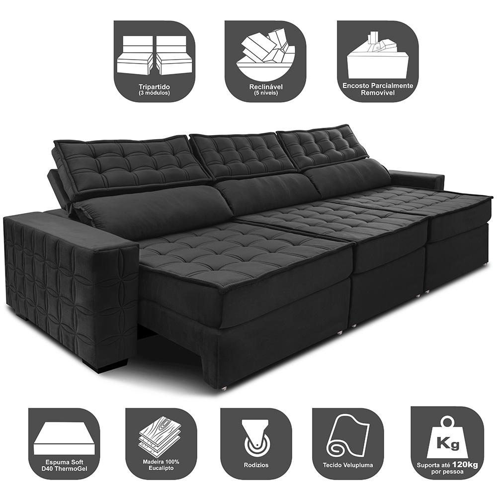 Sofá Retrátil e Reclinável 3,55m Cama inBox Big Star com SoftGel D40 Velupluma Preto
