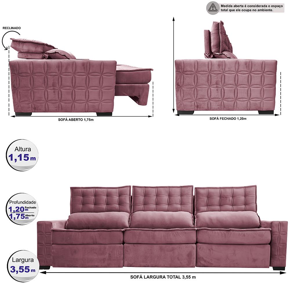 Sofá Retrátil e Reclinável 3,55m Cama inBox Big Star com SoftGel D40 Velupluma Rose