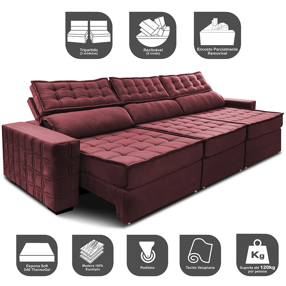 Sofá Retrátil e Reclinável 3,55m Cama inBox Big Star com SoftGel D40 Velupluma Vinho