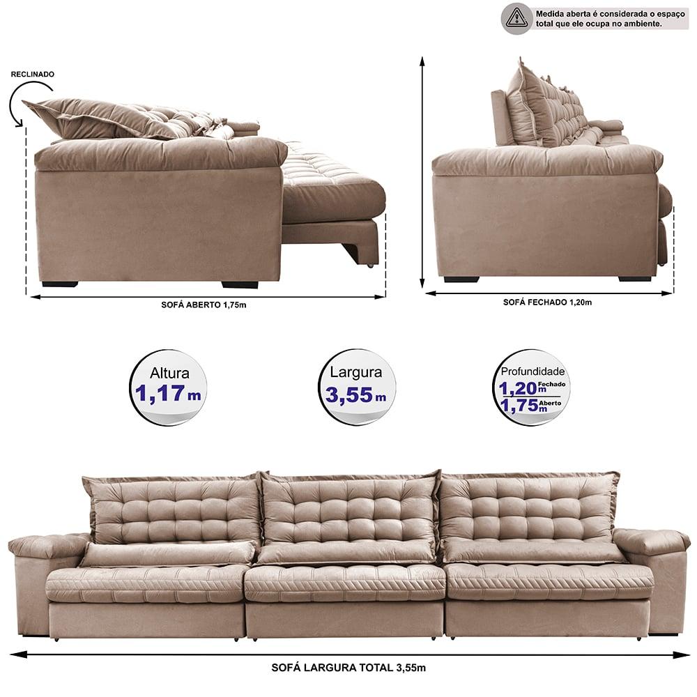 Sofá Retrátil e Reclinável 3,55m Molas Ensacadas Cama inBox Big Space com Bordado 3D Velusoft Bege