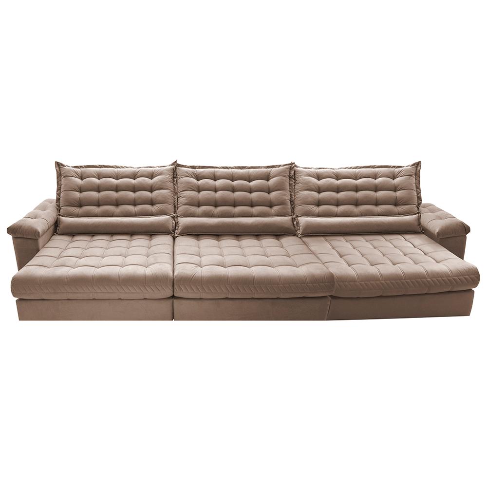 Sofá Retrátil e Reclinável 3,55m Molas Ensacadas Cama inBox Big Space com Bordado 3D Velusoft Bege