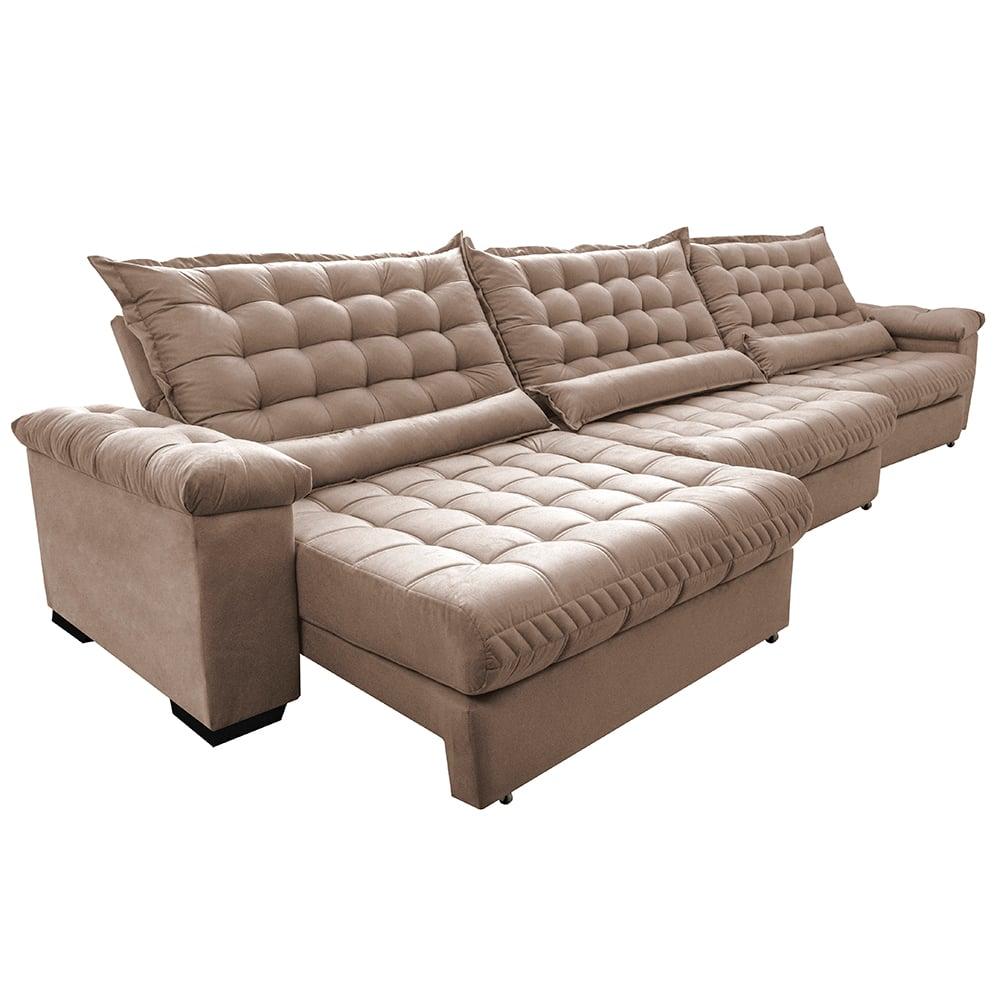 Sofá Retrátil e Reclinável 3,55m Molas Ensacadas Cama inBox Big Space com Bordado 3D Velusoft Bege