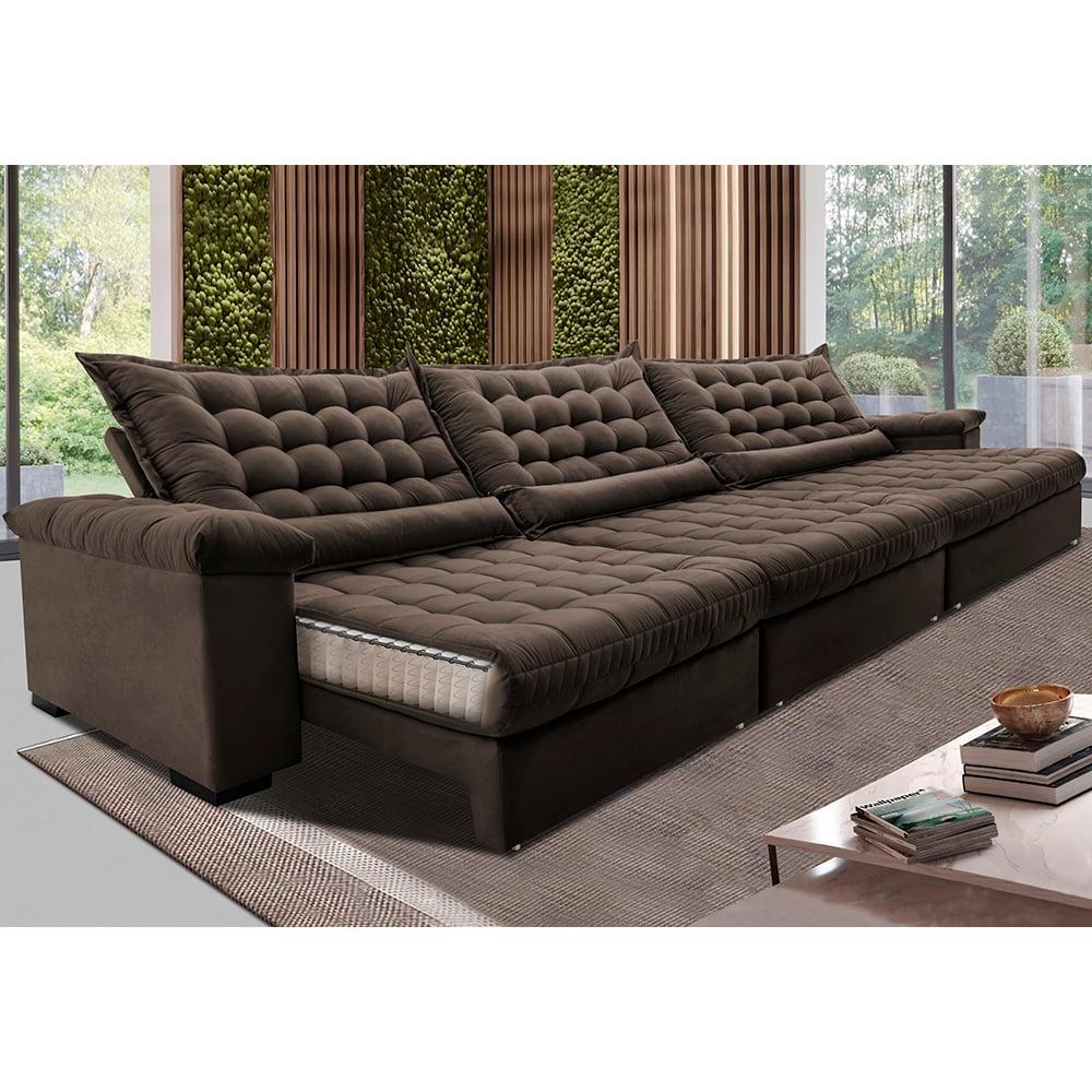 Sofá Retrátil e Reclinável 3,55m Molas Ensacadas Cama inBox Big Space com Bordado 3D Velusoft Café