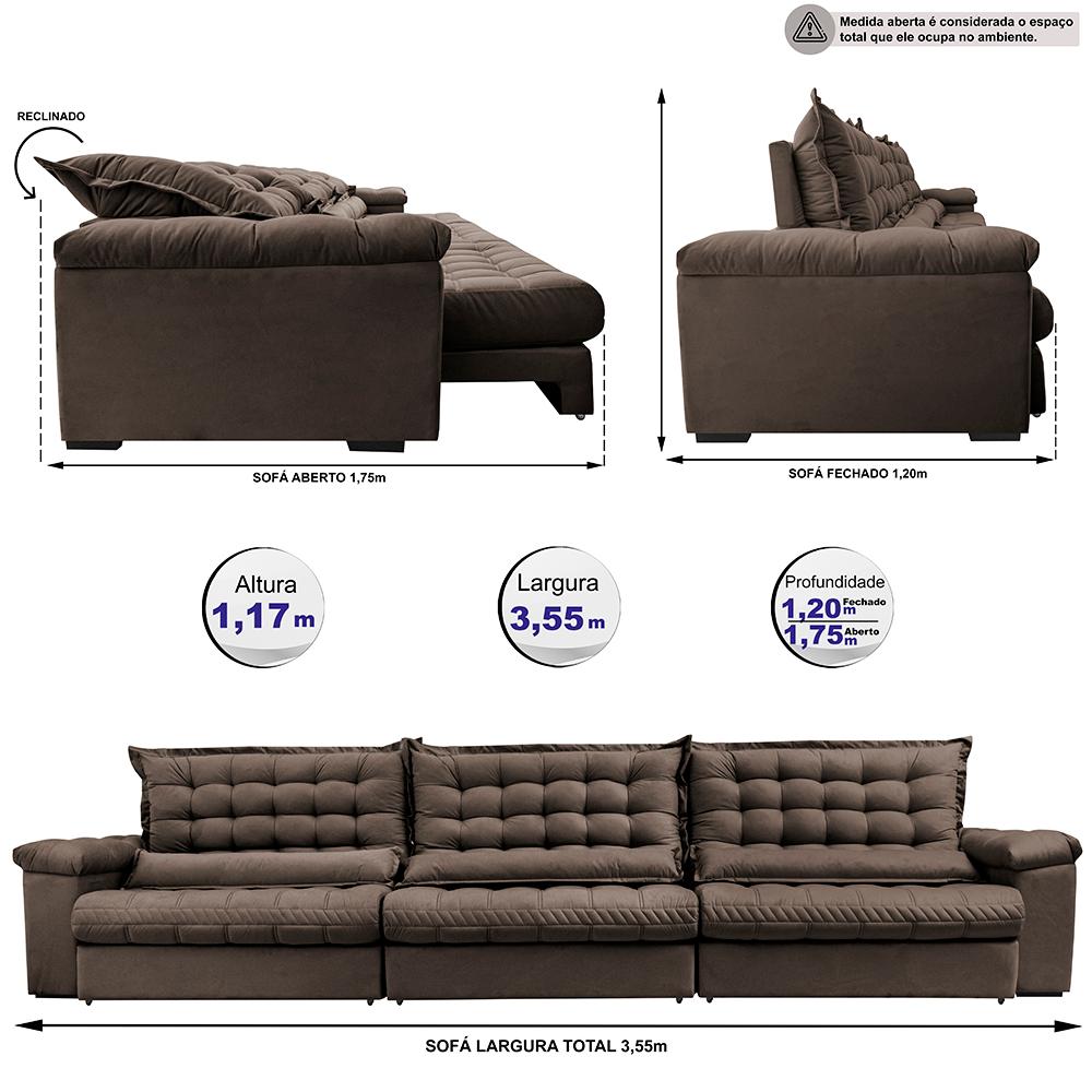 Sofá Retrátil e Reclinável 3,55m Molas Ensacadas Cama inBox Big Space com Bordado 3D Velusoft Café