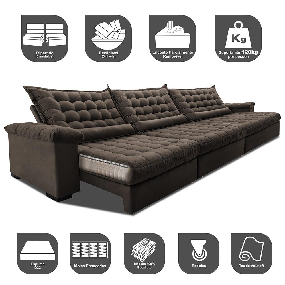 Sofá Retrátil e Reclinável 3,55m Molas Ensacadas Cama inBox Big Space com Bordado 3D Velusoft Café