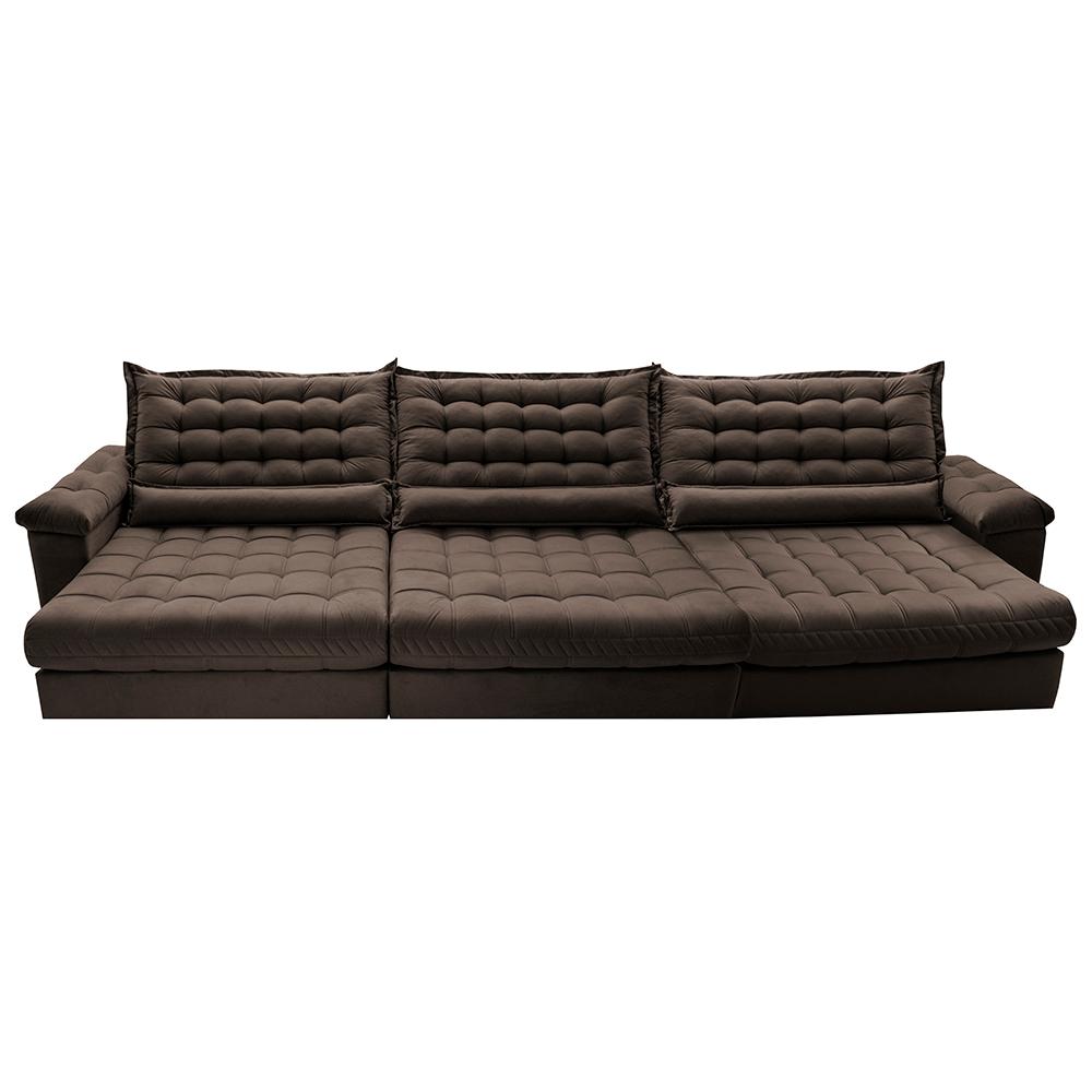 Sofá Retrátil e Reclinável 3,55m Molas Ensacadas Cama inBox Big Space com Bordado 3D Velusoft Café