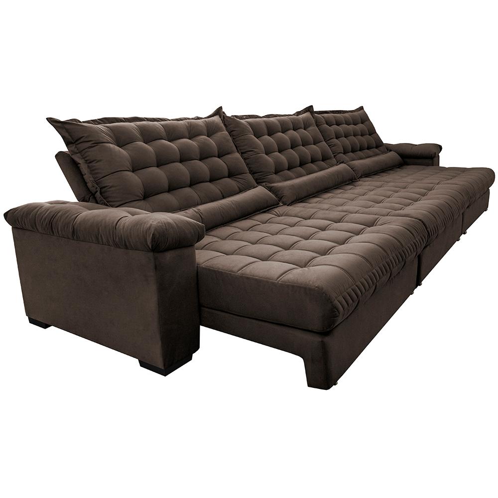 Sofá Retrátil e Reclinável 3,55m Molas Ensacadas Cama inBox Big Space com Bordado 3D Velusoft Café