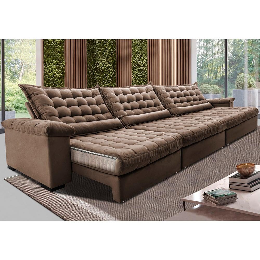 Sofá Retrátil e Reclinável 3,55m Molas Ensacadas Cama inBox Big Space com Bordado 3D Velusoft Castor